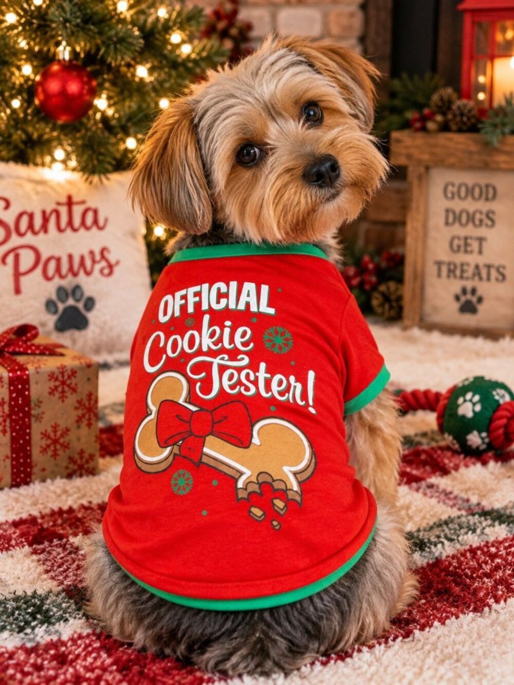Official Cookie Tester Red Dog Christmas Pet T-Shirt Bone Holiday Small 11-12"